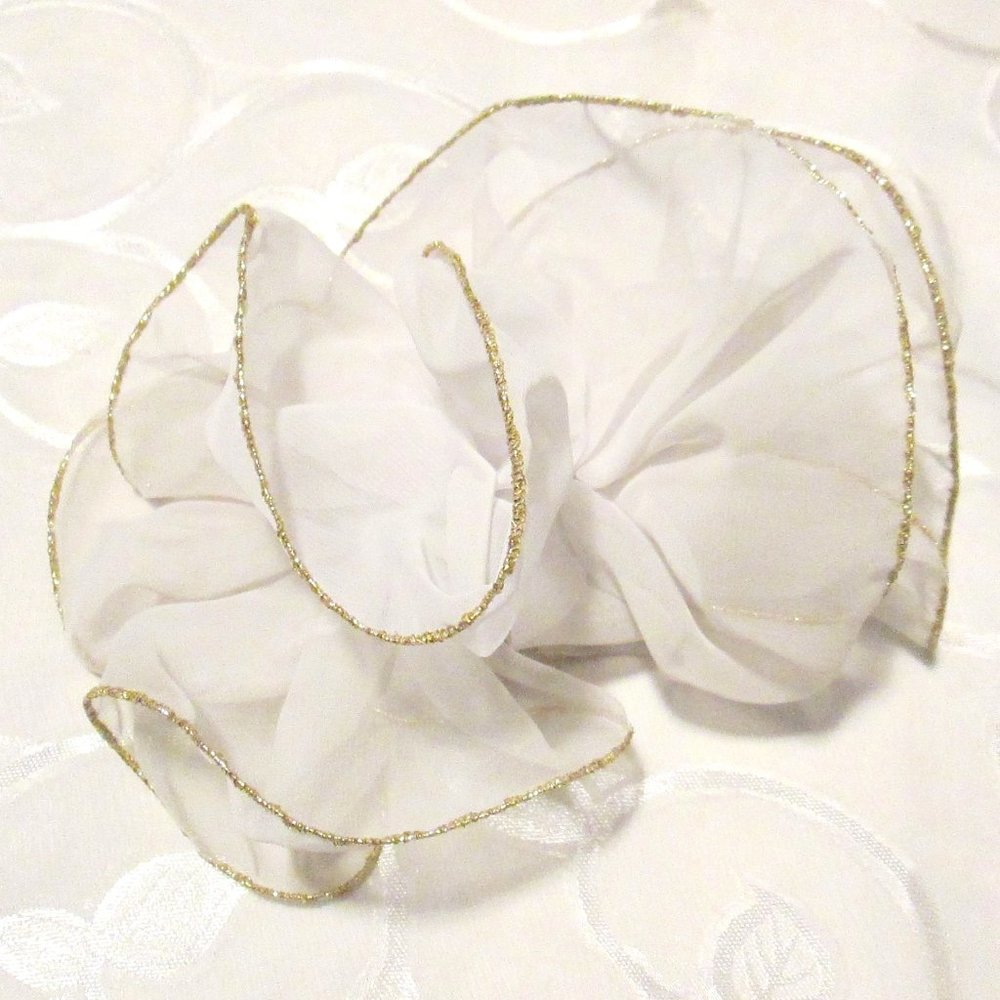 WHITE SHEER LUXURY BOW EMBELLISHED GOLD EDGES WITH HAIR CLIP